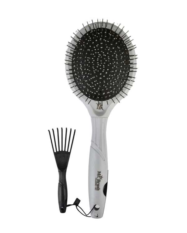 برس مو گرد همراه برس گره باز گن و ابزار تمیز کننده کفه برس طوسی مستر براش Mr Brush