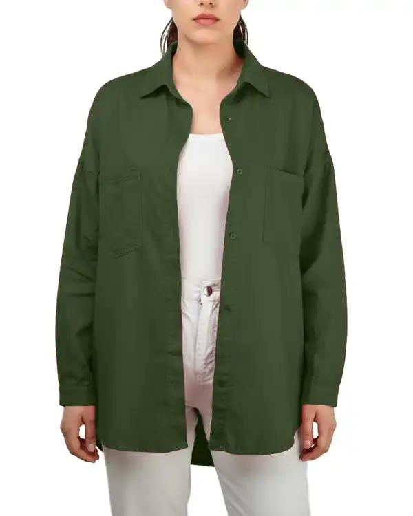 شومیز زنانه کتان بغل چاک دار قد 70 سبز تیره رویال جین Royal Jeans کد 202199