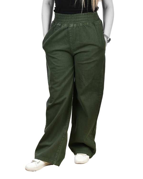 شلوار کتان زنانه بگ کمر کش قد 105 سبز تیره رویال جین Royal Jeans کد 0004001