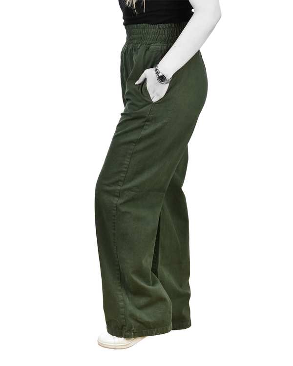 شلوار کتان زنانه بگ کمر کش قد 105 سبز تیره رویال جین Royal Jeans کد 0004001 - تصویر 2
