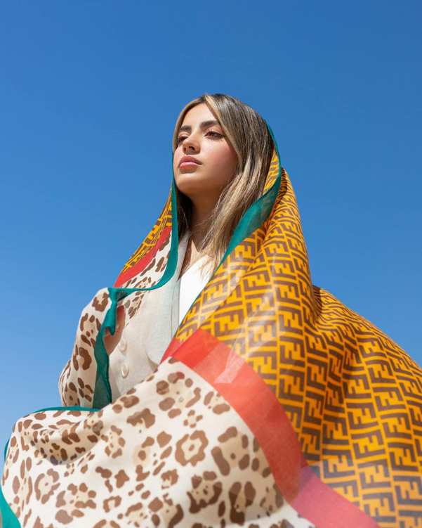 شال زنانه نخی کرم سبز جی دو GIDO طرح فندی