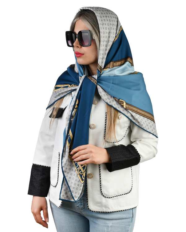 روسری زنانه ابریشمی دست دوز آبی GIDO مدل لویی ویتون