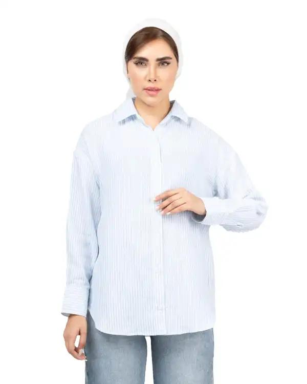 شومیز زنانه لینن قد 70 سفید آبی روشن رویال جین Royal Jeans کد X207383