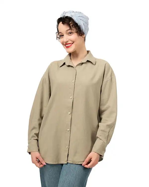 شومیز زنانه لینن پرمیوم قد 70 خاکی روشن رویال جین Royal Jeans کد K76002439