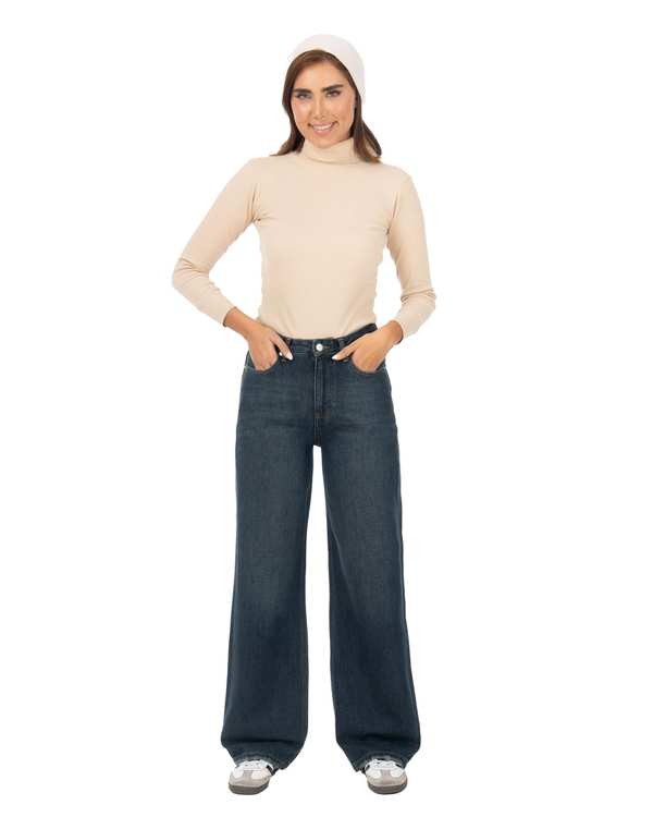 شلوار جین زنانه نیم بگ قد 110 آبی تیره رویال جین Royal Jeans مدل Royal jackpot کد 8002961