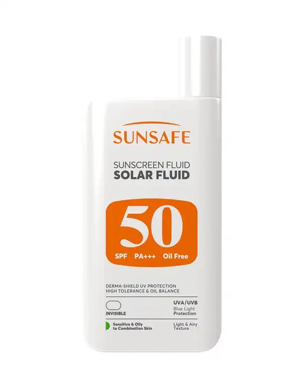 فلوئید ضد آفتاب بی رنگ SPF50 سان سیف Sun Safe مناسب پوست حساس و چرب و مستعد آکنه وزن 55 گرم