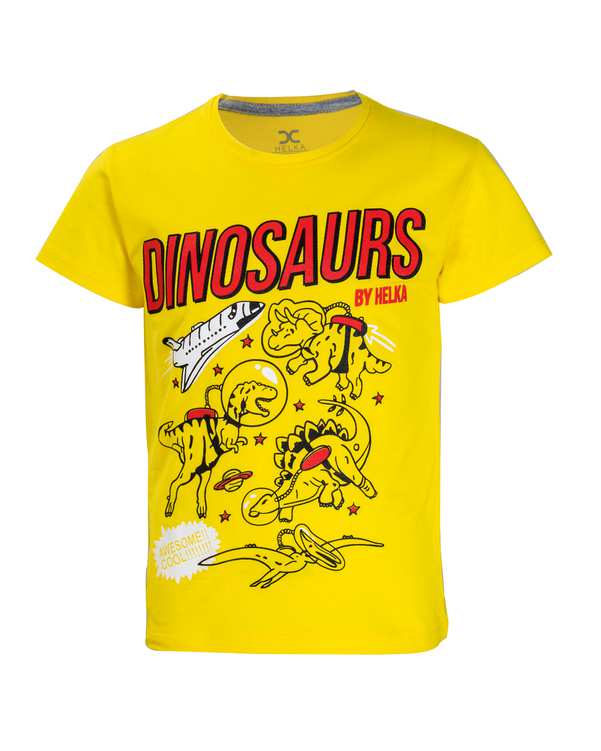 تی شرت پسرانه نخی زرد هلکا طرح دایناسور