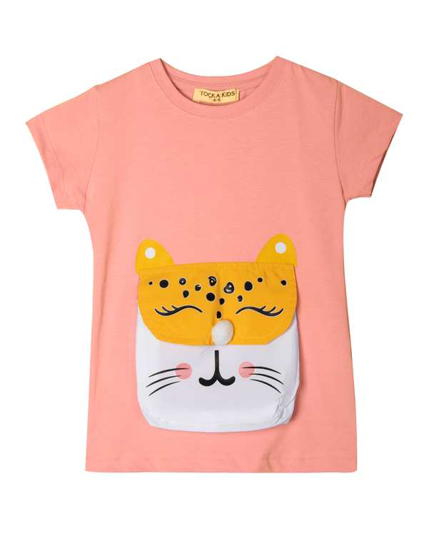 تی شرت دخترانه نخی گلبهی مارکا کیدز Marka Kids طرح گربه