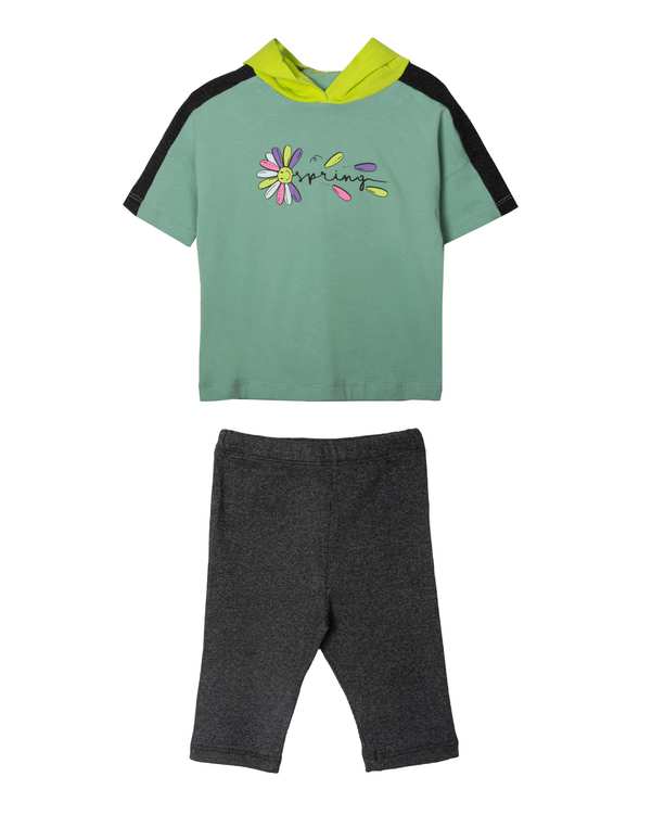 ست تی شرت و لگینگ دخترانه نخی سبز مارکا کیدز Marka Kids طرح گل