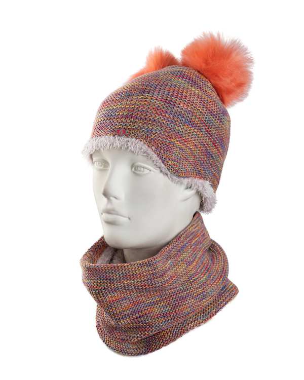 ست شال گردن و کلاه بافت بچگانه نارنجی تارتن Tartan طرح لیس لیس نخ هفت رنگ