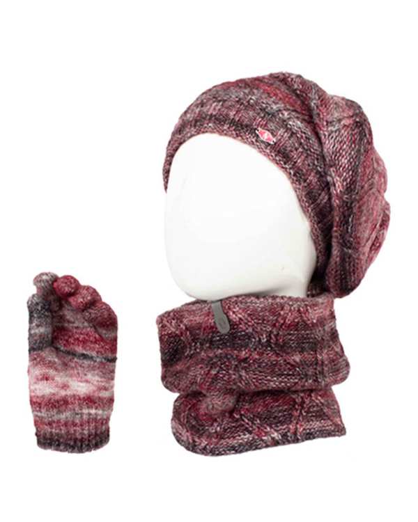 ست شال گردن و کلاه و دستکش بافت بچگانه قرمز تارتن Tartan مدل آران 2 سوزنه لوزی