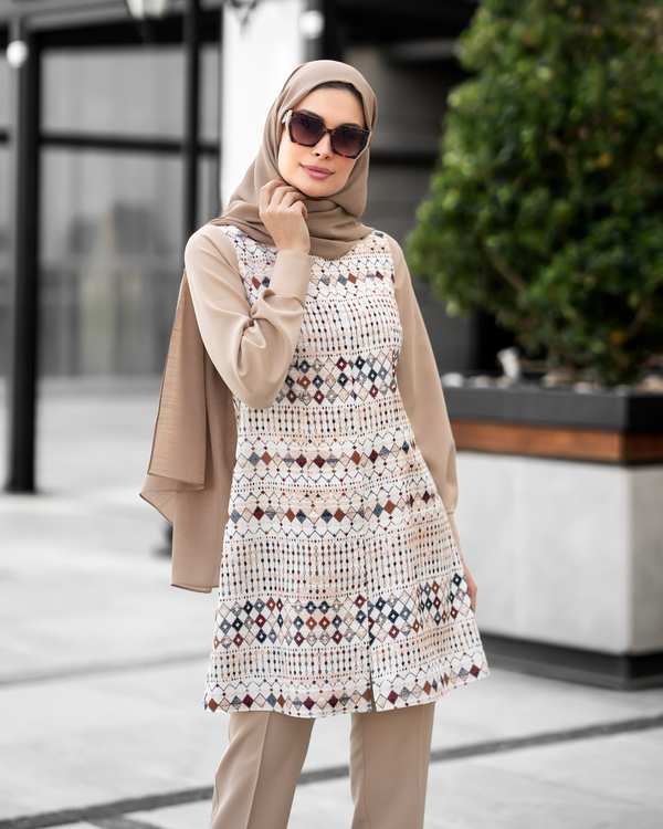 ست مانتو و شلوار زنانه کرم نورا Noura مدل هلن - تصویر 3