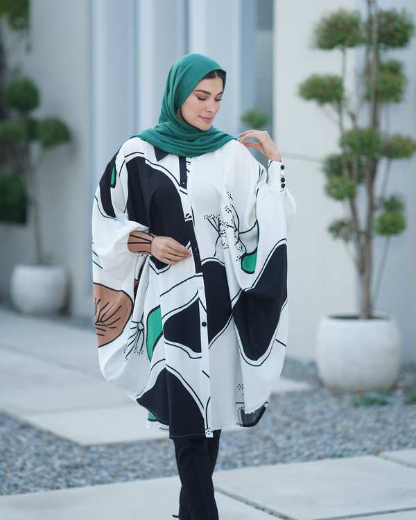 مانتو زنانه عبایی سفید مشکی نورا Nora مدل آلما - تصویر 2