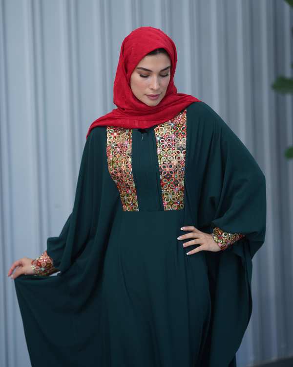 مانتو زنانه عبایی سبز نورا Noura مدل صدف ترمه - تصویر 3