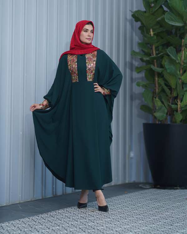 مانتو زنانه عبایی سبز نورا Noura مدل صدف ترمه - تصویر 4