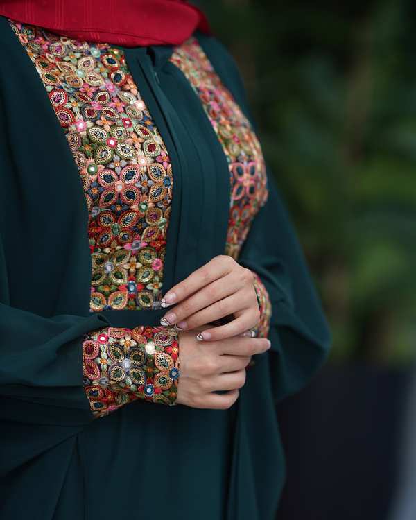 مانتو زنانه عبایی سبز نورا Noura مدل صدف ترمه - تصویر 5