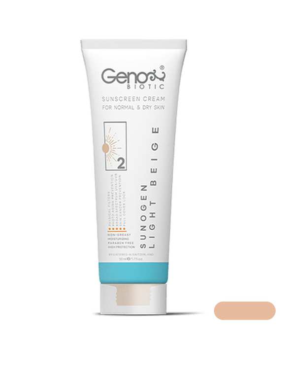 کرم ضد آفتاب رنگی SPF50 سانوژن ژنوبایوتیک Genobiotic مناسب پوست خشک و معمولی رنگ بژ روشن