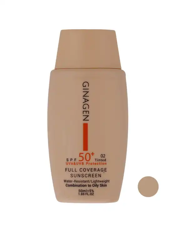 کرم ضد آفتاب رنگی SPF50 ژیناژن مدل Full Coverage مناسب پوست چرب و مختلط شماره 02 حجم 50ml