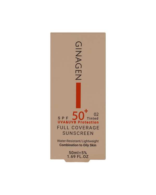 کرم ضد آفتاب رنگی SPF50 ژیناژن Ginagen مدل Full Coverage مناسب پوست چرب و مختلط بژ طلایی شماره 02 حجم 50ml - تصویر 5