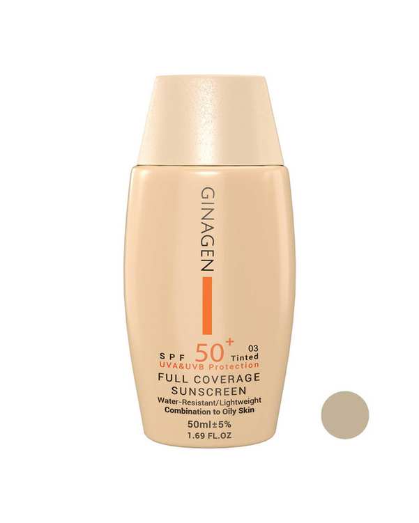 کرم ضد آفتاب رنگی SPF50 ژیناژن مدل Full Coverage مناسب پوست چرب و مختلط شماره 03 حجم 50ml