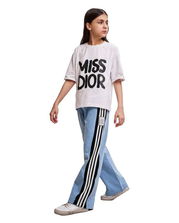 ست تی شرت و شلوار جین دخترانه آبی سفید الیزا کیدز Eliza Kids کد 470 مدل Miss Dior
