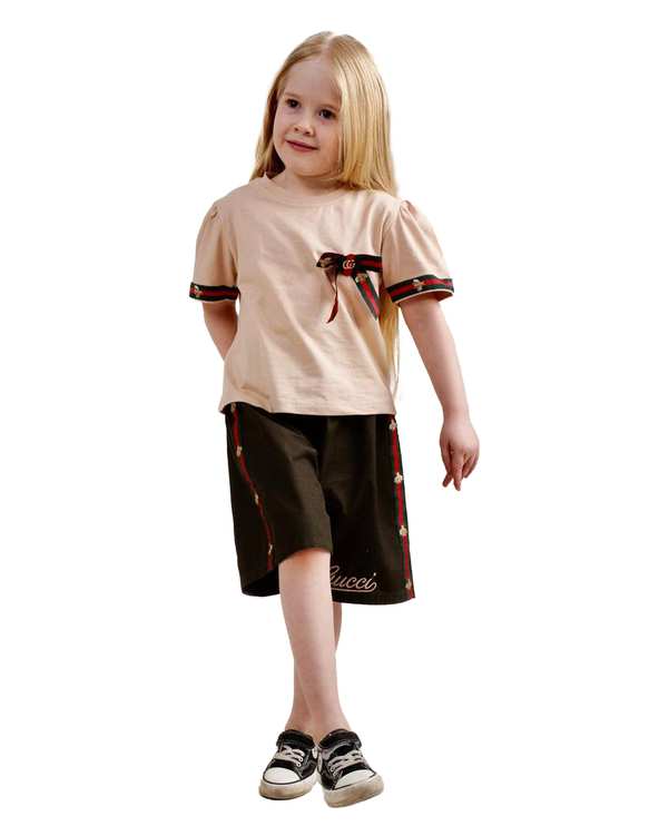 ست تی شرت و شلوارک دخترانه کرم سبز الیزا کیدز Eliza Kids کد 460 طرح Gucci