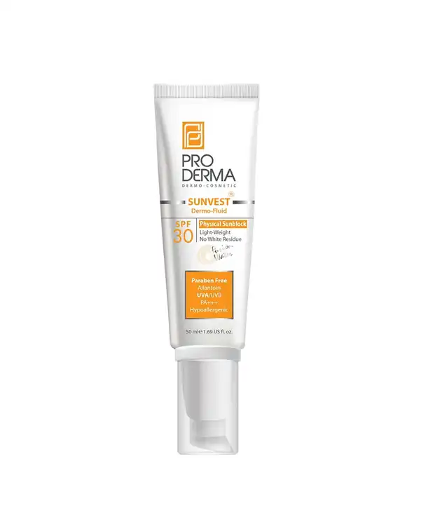 فلوئید ضد آفتاب بی رنگ SPF30 پرودرما Proderma فاقد جاذب های شیمیایی 50ml