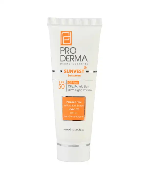 کرم ضد آفتاب بی رنگ SPF50 پرودرما Proderma مناسب پوست چرب و دارای جوش 40ml