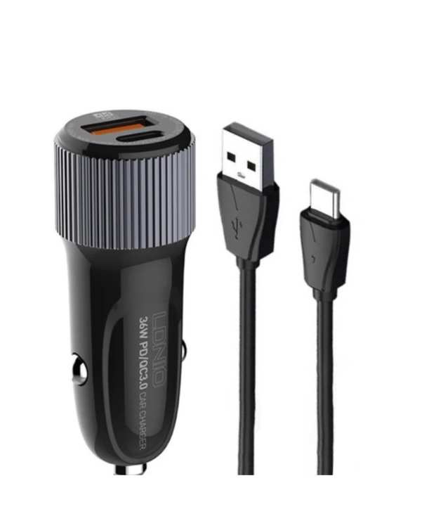 شارژر فندکی 36 وات مشکی الدینیو Ldnio مدل C510 به همراه کابل تبدیل USB-C