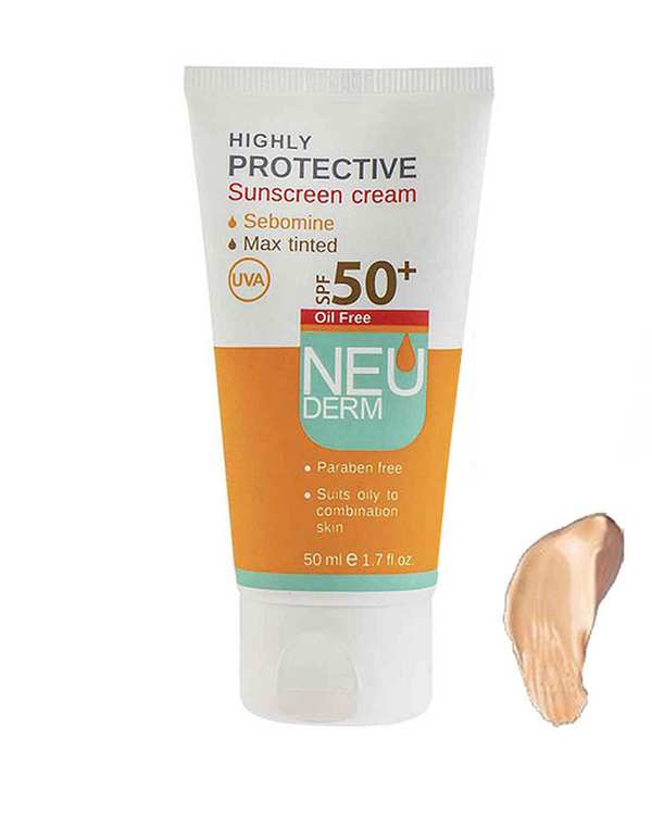 کرم ضد آفتاب رنگی SPF50 فاقد چربی نئودرم Neuderm مدل Highly Protective رنگ بژ تیره