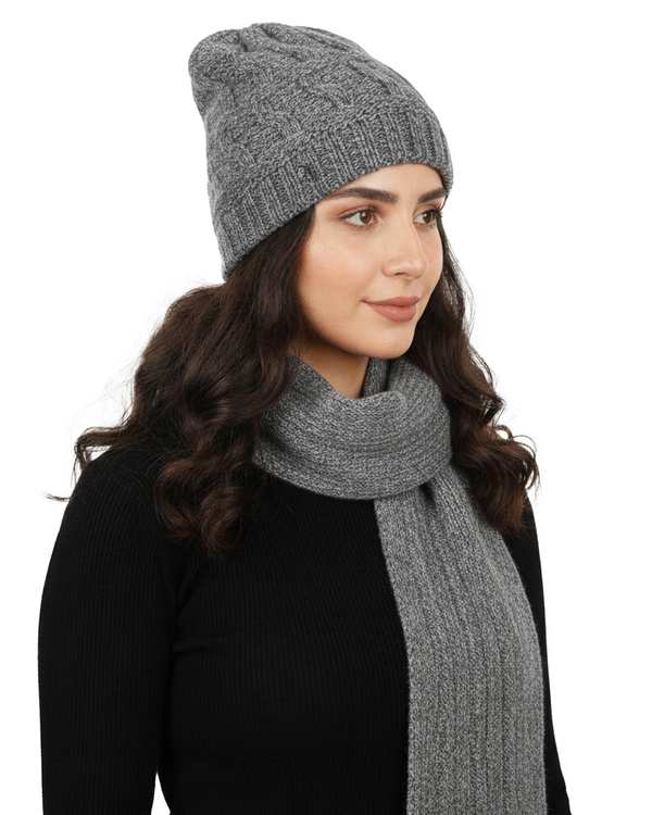 ست کلاه و شال گردن بافت طوسی تارتن Tartan مدل لیس مارپیچ کد 212000606