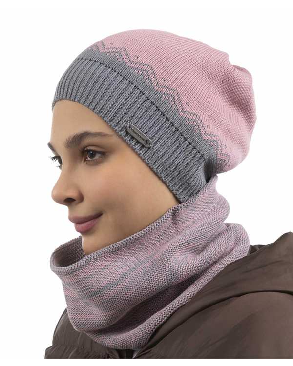 ست کلاه و شال گردن بافت رینگی صورتی طوسی تارتن Tartan مدل مثلث کد 221000126