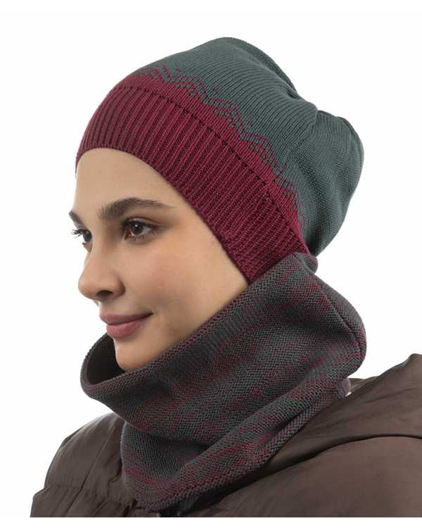 ست کلاه و شال گردن بافت رینگی سبز زرشکی تارتن Tartan مدل مثلث کد 221000126
