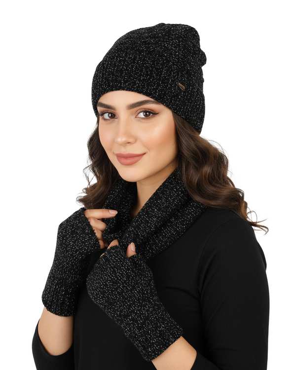 ست کلاه و شال گردن رینگی و دستکش مشکی تارتن Tartan کد 332113433