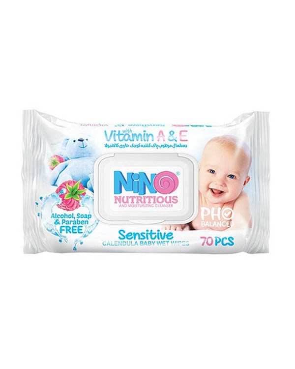 دستمال مرطوب پاک کننده کودک نینو Nino حاوی کالاندولا بسته 70 عددی
