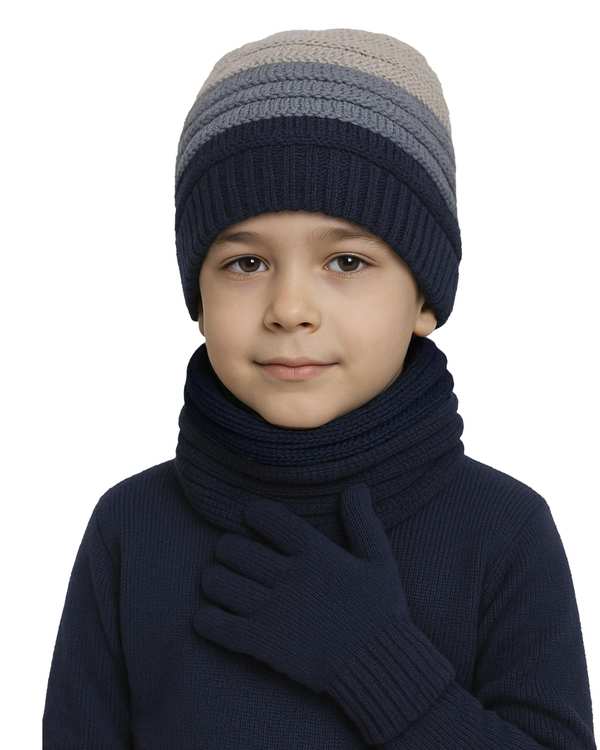 ست سه تکه کلاه و شال گردن و دستکش بچگانه طوسی سرمه ای ملورینا Melorina کد 42108
