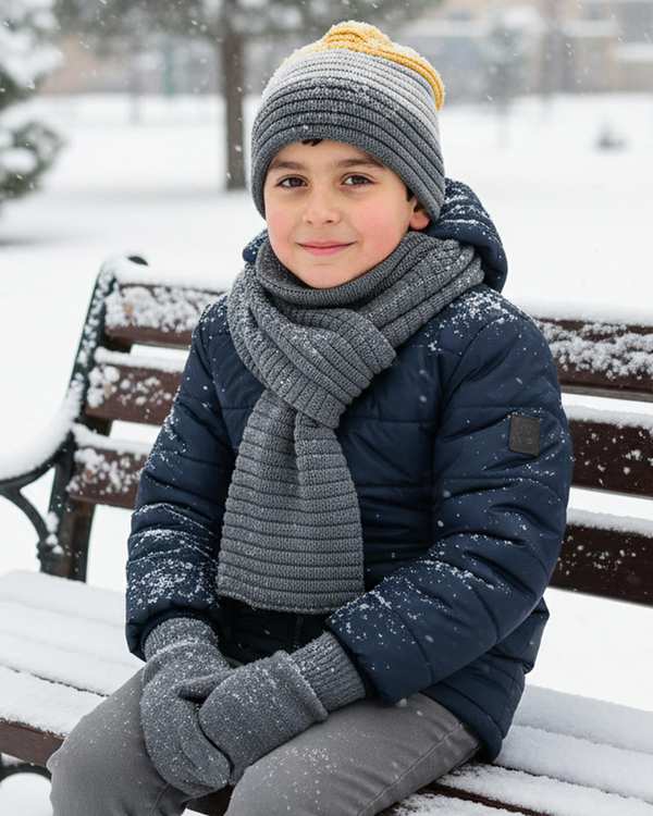 ست سه تکه کلاه و شال گردن و دستکش بچگانه زرد طوسی ملورینا Melorina کد 42108