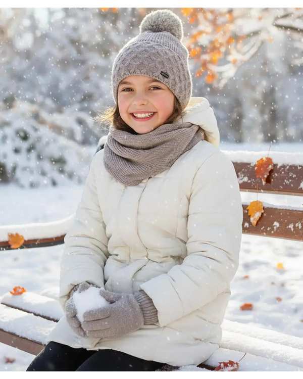 ست سه تکه کلاه و شال گردن و دستکش دخترانه نسکافه ای ملورینا Melorina کد 42110