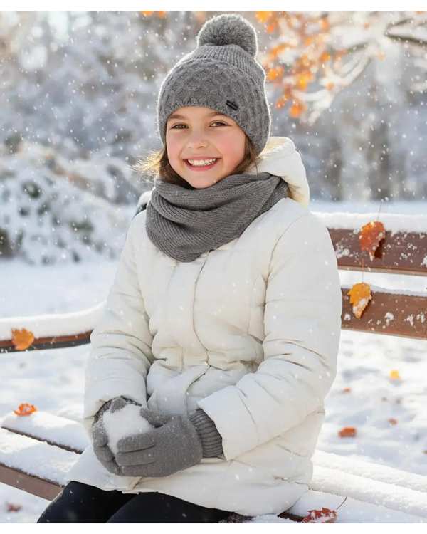ست سه تکه کلاه و شال گردن و دستکش دخترانه طوسی ملورینا Melorina کد 42110