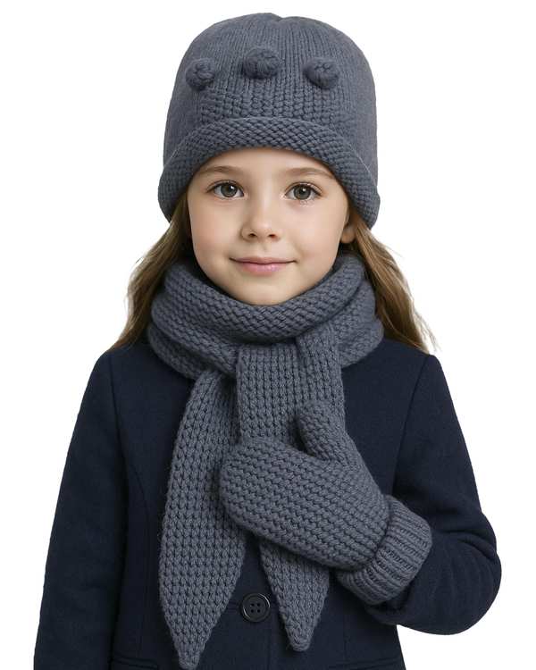 ست سه تکه کلاه و شال گردن و دستکش دخترانه آبی تیره ملورینا Melorina طرح تاج کد 9309