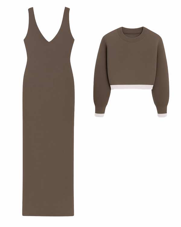 ست پیراهن و بلوز کراپ بافت زنانه قهوه ای ورشه Vershe مدل سوگل 1