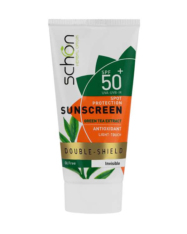 کرم ضد آفتاب بی رنگ دابل شیلد SPF50 شون Schon مناسب برای پوست چرب و مستعد جوش