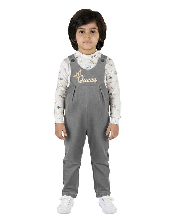 ست سرهمی و بلوز دخترانه مخمل کبریتی طوسی سفید پنبه سان Panbesan