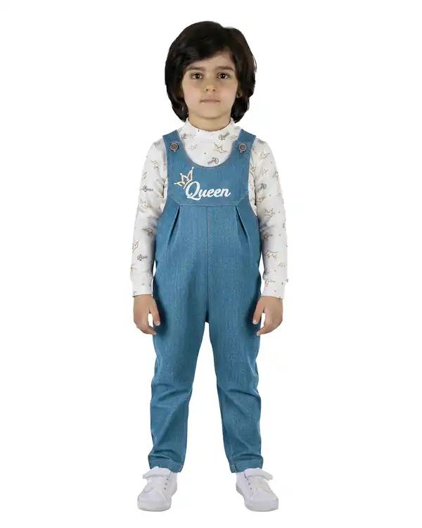 ست سرهمی و بلوز دخترانه جین ضخیم آبی سفید پنبه سان Panbesan