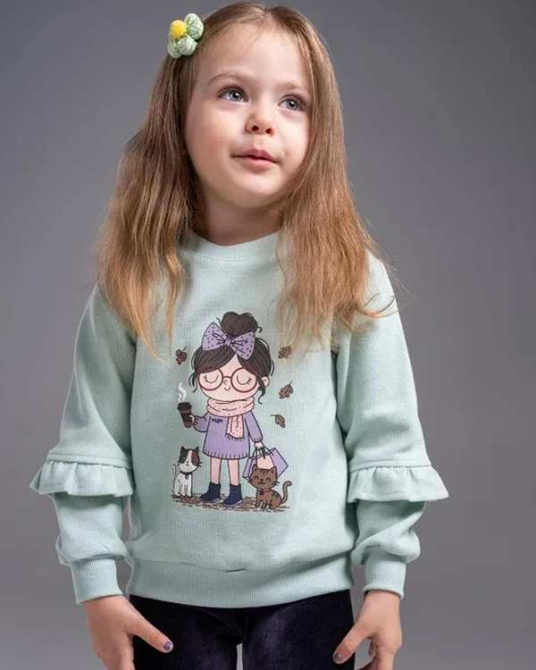 بلوز دخترانه سبز آبی ملورینا Melorina طرح دختر و گربه کد 42127