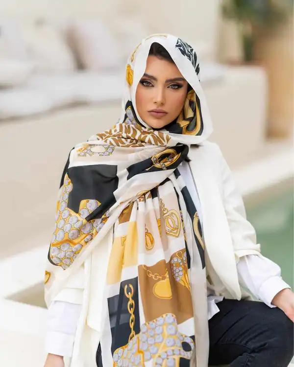 شال زنانه وال ترک کرم مشکی جی دو GIDO طرح چنل کد 845