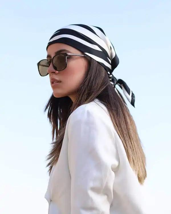 مینی اسکارف زنانه ابریشم توییل مشکی سفید جی دو GIDO کد 09-01077