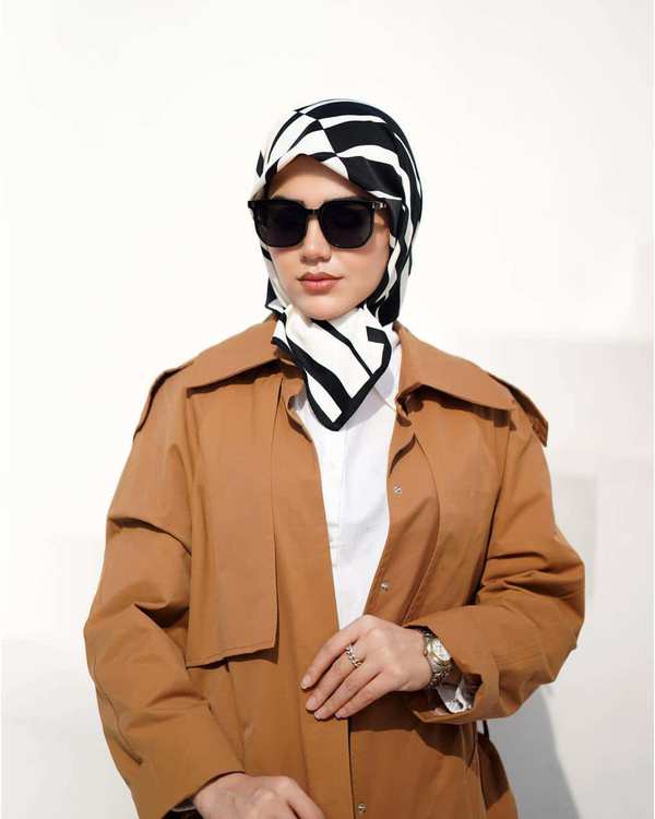 مینی اسکارف زنانه ابریشم توییل مشکی سفید جی دو GIDO کد 02-01077