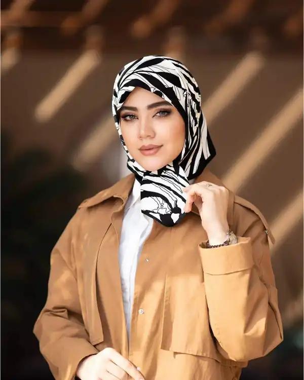 مینی اسکارف زنانه ابریشم توییل مشکی سفید جی دو GIDO کد 01-01077