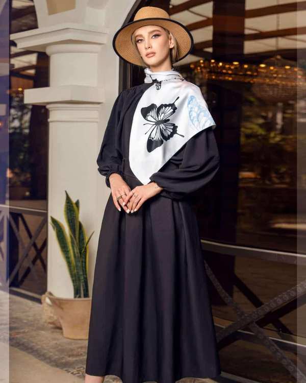 مینی اسکارف زنانه ساتن سفید جی دو GIDO طرح پروانه کد 277